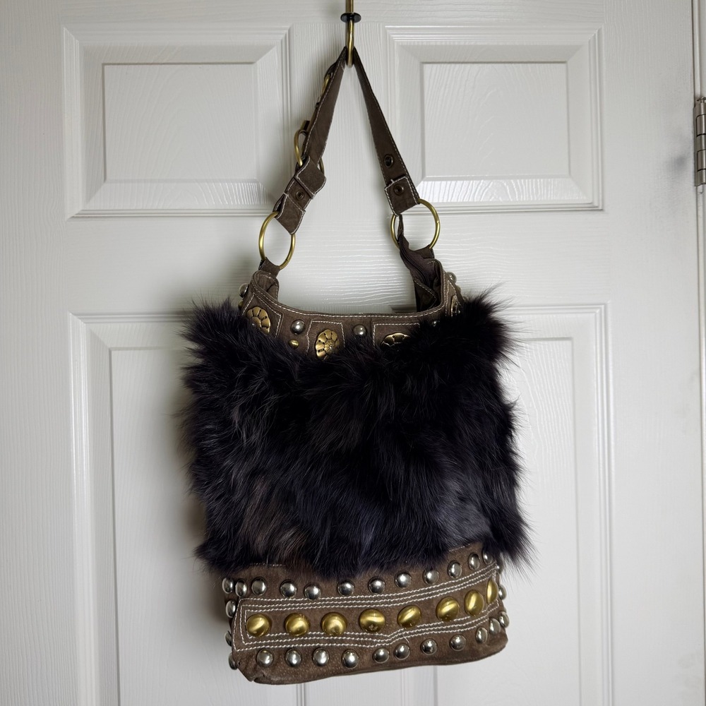 VTG Y2K Real Rabbit Fur Suede Leather Studded Hobo Shoulder Bag Leopard Lining